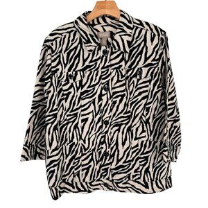 Chicos Zebra Print denim Jacket Womens Size XL Black 3/4 Sleeve Cotton